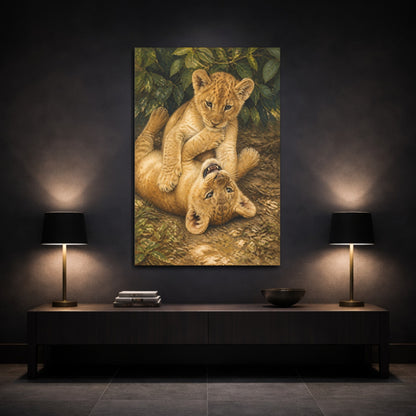 Mockup 3. Lion Cub Playtime Animals shown as canvas print