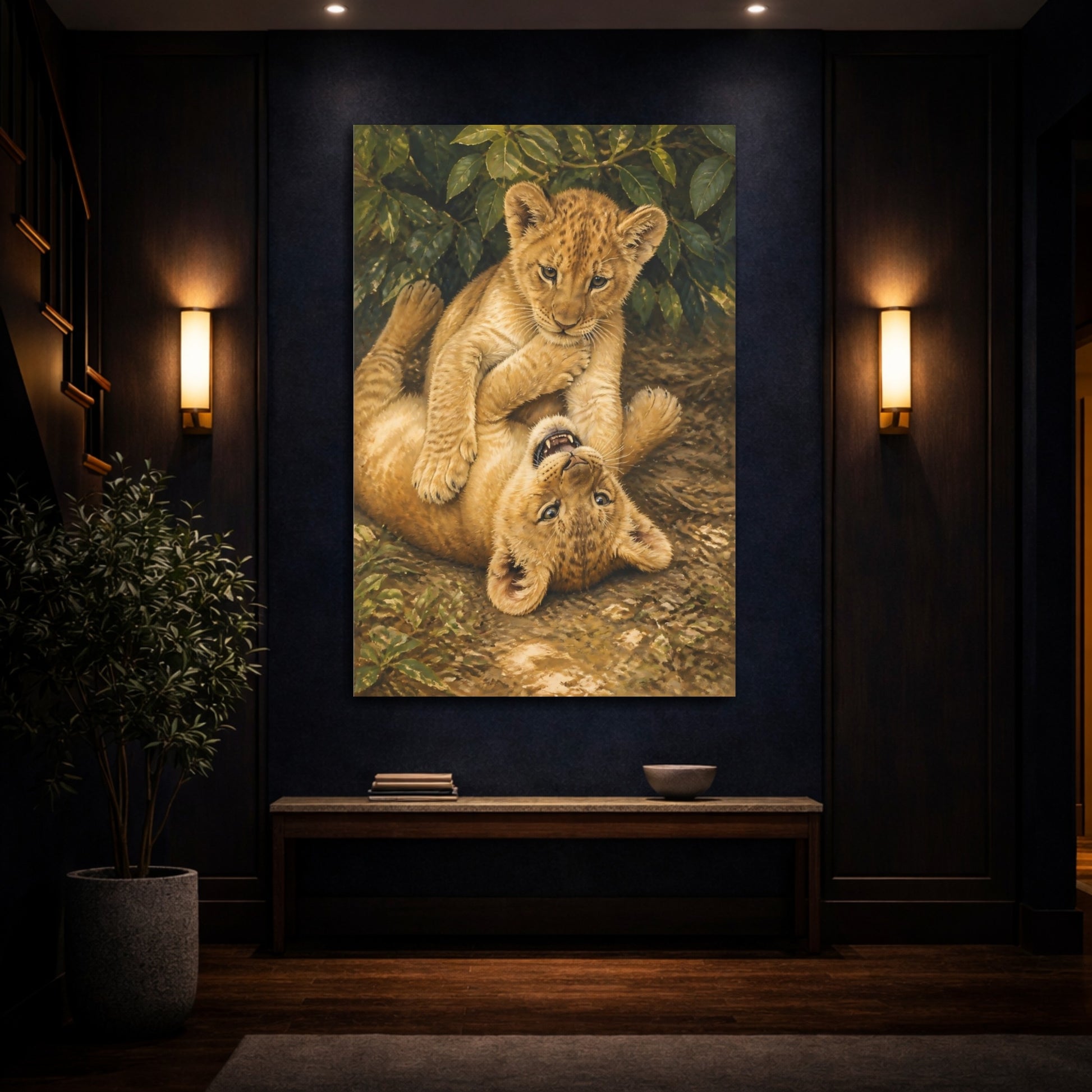 Mockup 4. Lion Cub Playtime Animals shown as canvas print