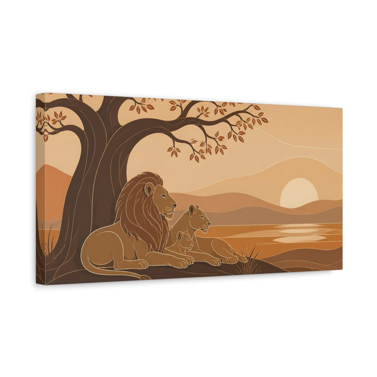 Side Mockup 3. Lion Family At Sunset shown as canvas print