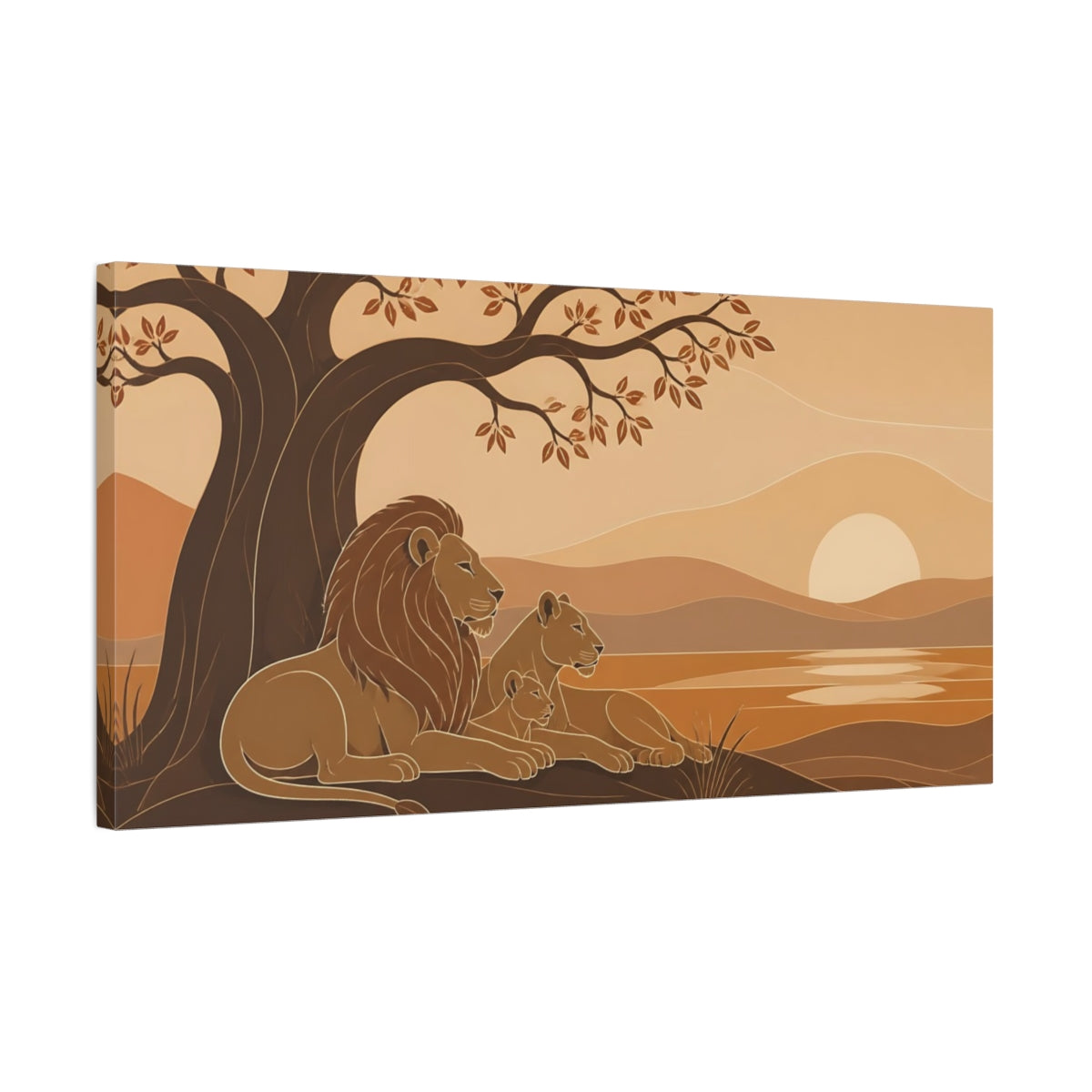 Side Mockup 1. Lion Family At Sunset shown as canvas print