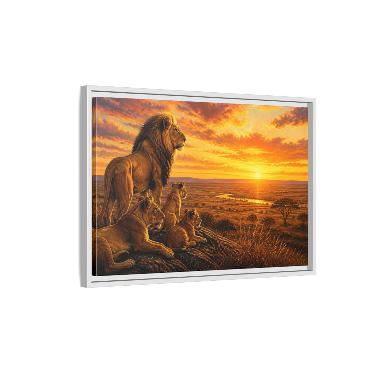 Side Mockup 1. Lion Pride Animals Sunrise shown as framed canvas print