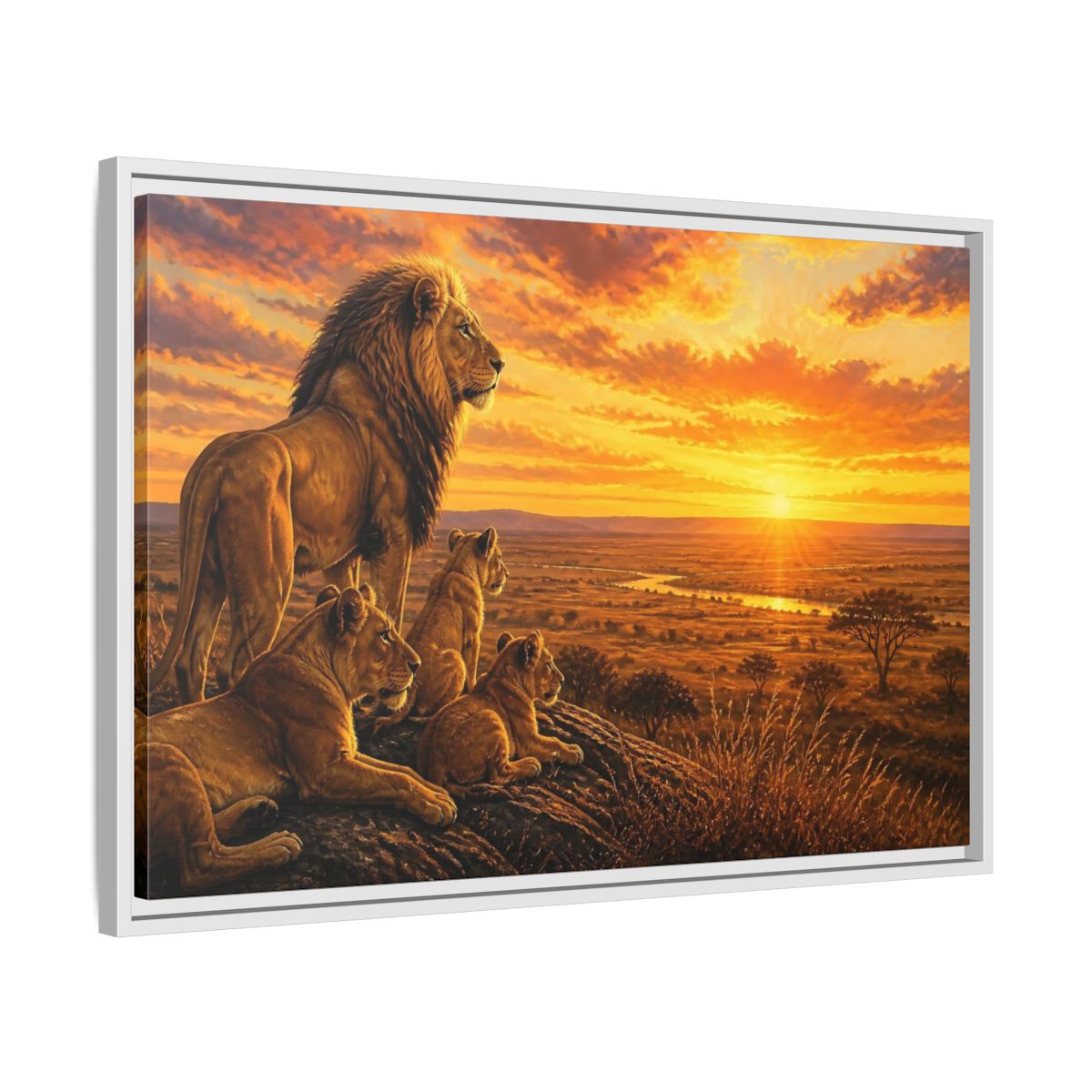 Side Mockup 10. Lion Pride Animals Sunrise shown as framed canvas print