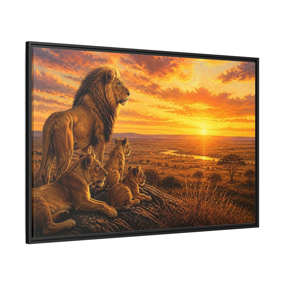 Side Mockup 12. Lion Pride Animals Sunrise shown as framed canvas print