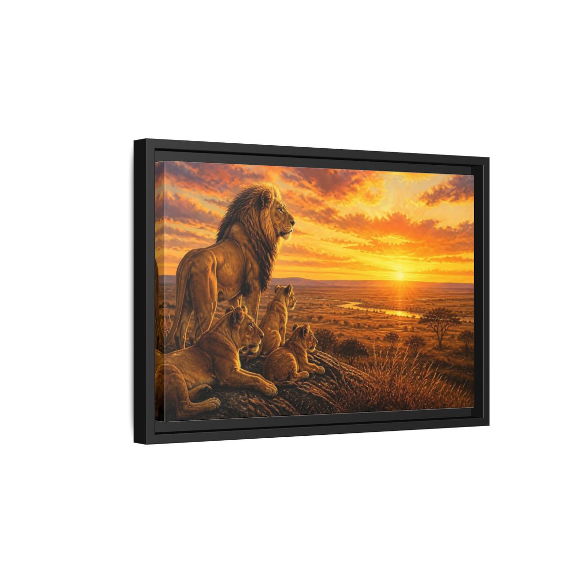 Side Mockup 6. Lion Pride Animals Sunrise shown as framed canvas print