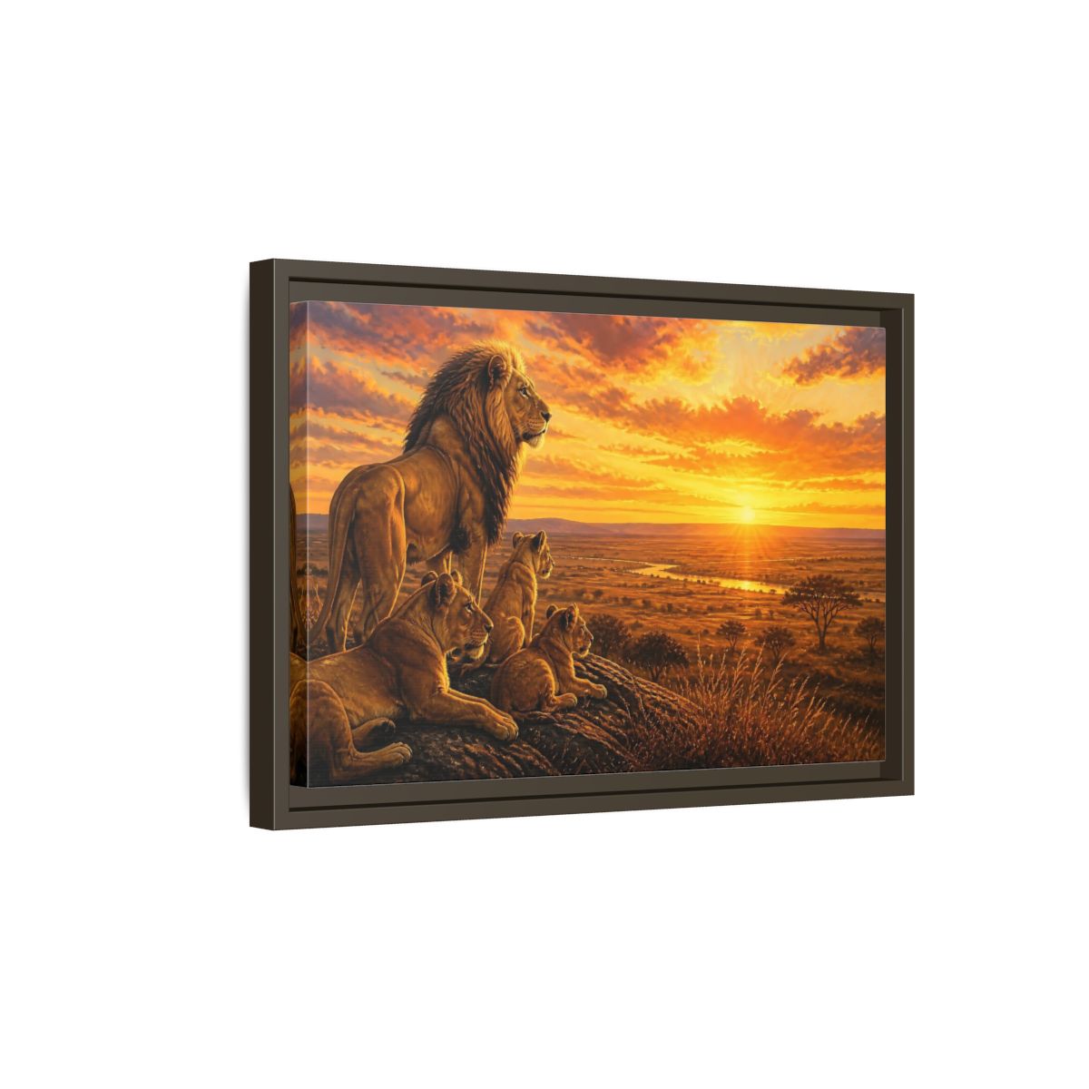 Side Mockup 5. Lion Pride Animals Sunrise shown as framed canvas print