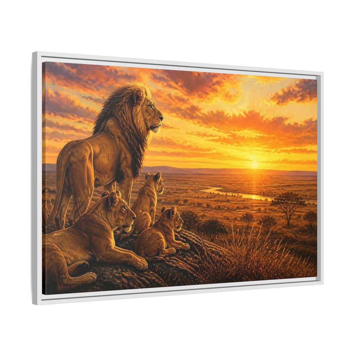 Side Mockup 9. Lion Pride Animals Sunrise shown as framed canvas print