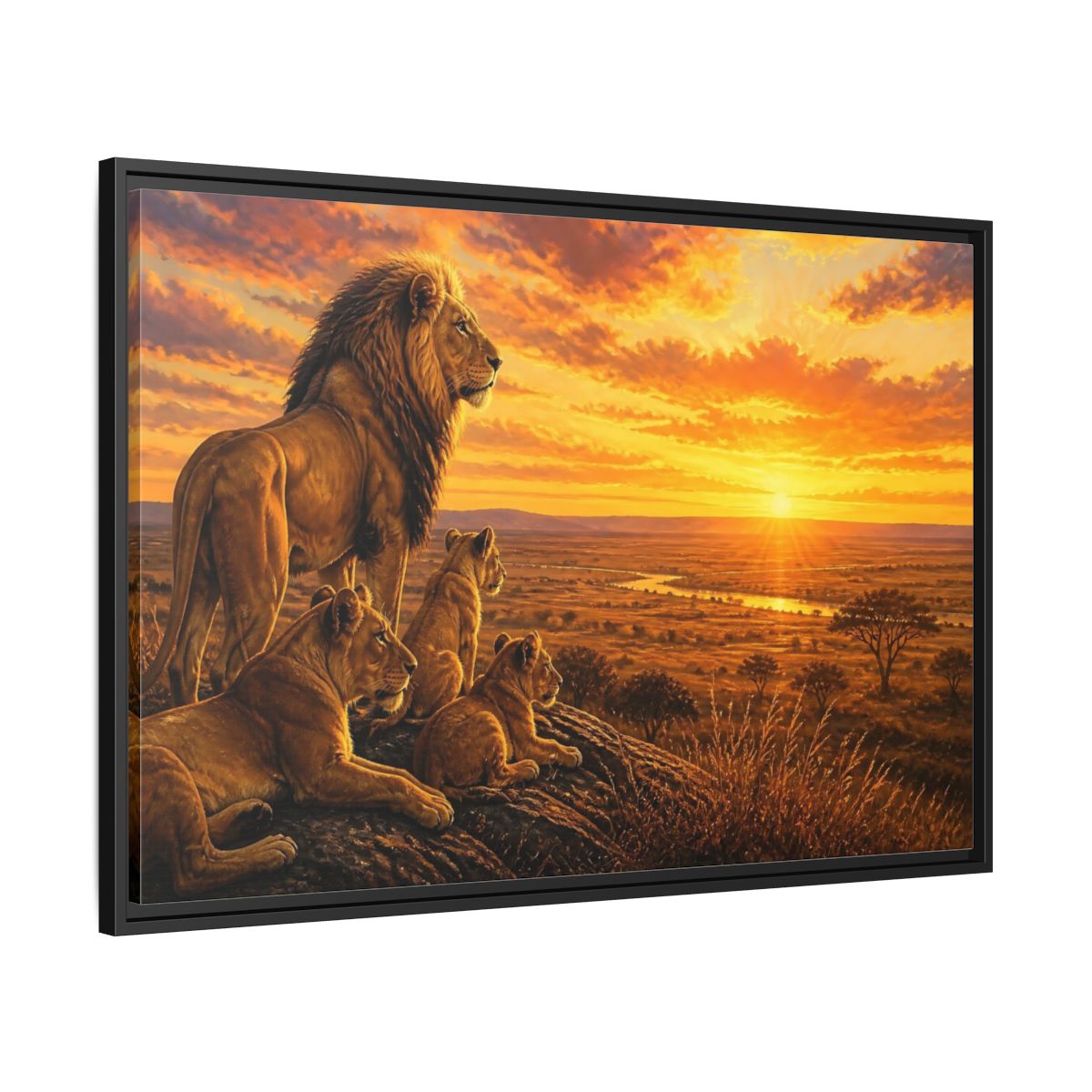 Side Mockup 13. Lion Pride Animals Sunrise shown as framed canvas print