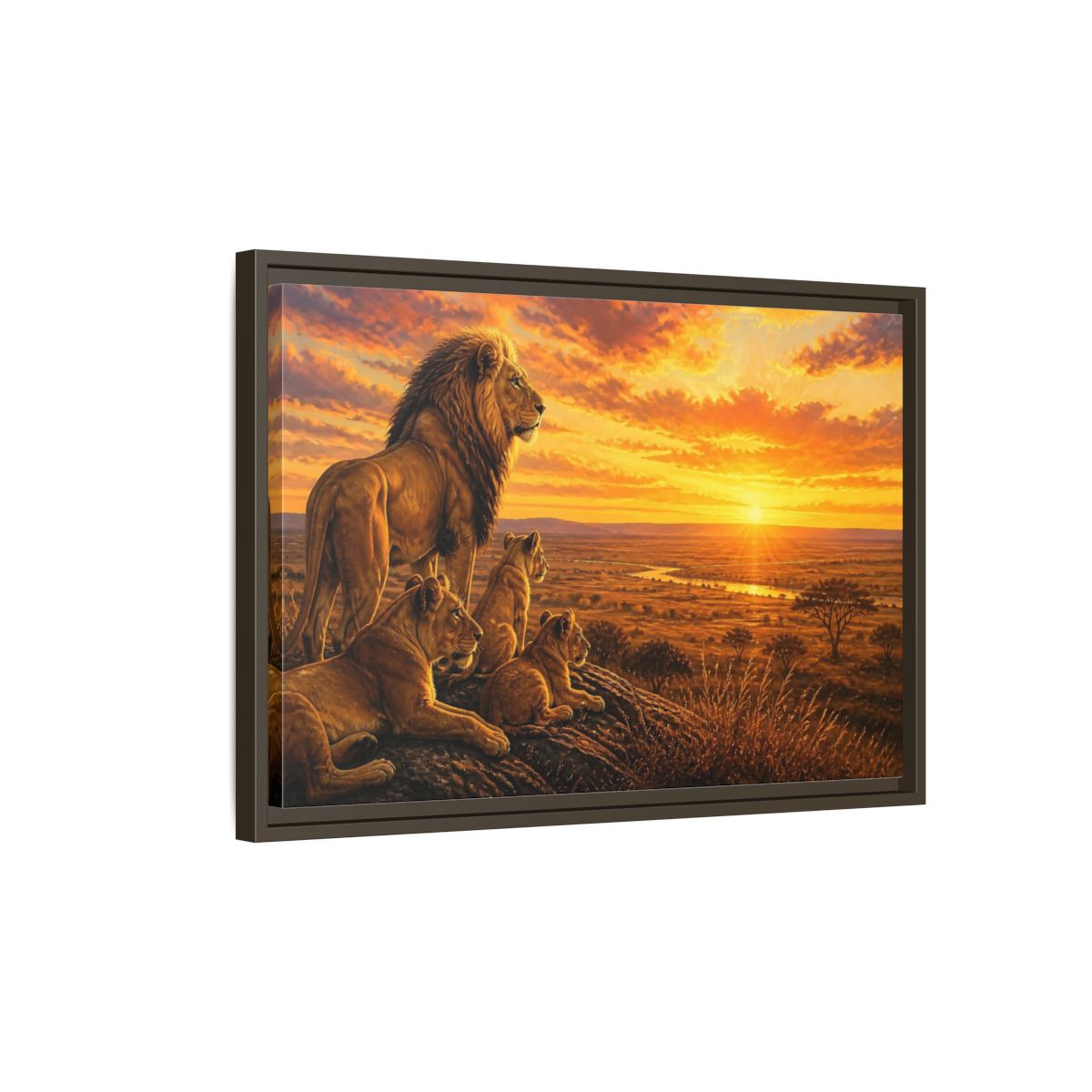 Side Mockup 2. Lion Pride Animals Sunrise shown as framed canvas print