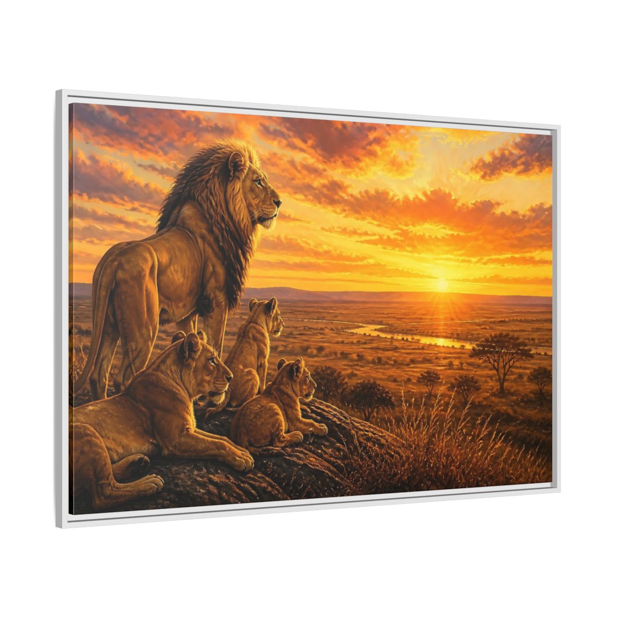Side Mockup 7. Lion Pride Animals Sunrise shown as framed canvas print
