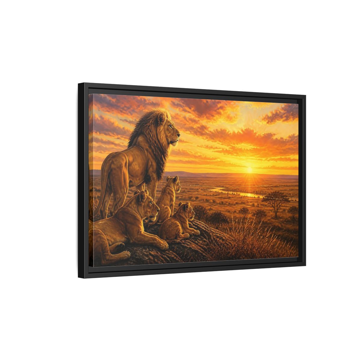 Side Mockup 3. Lion Pride Animals Sunrise shown as framed canvas print
