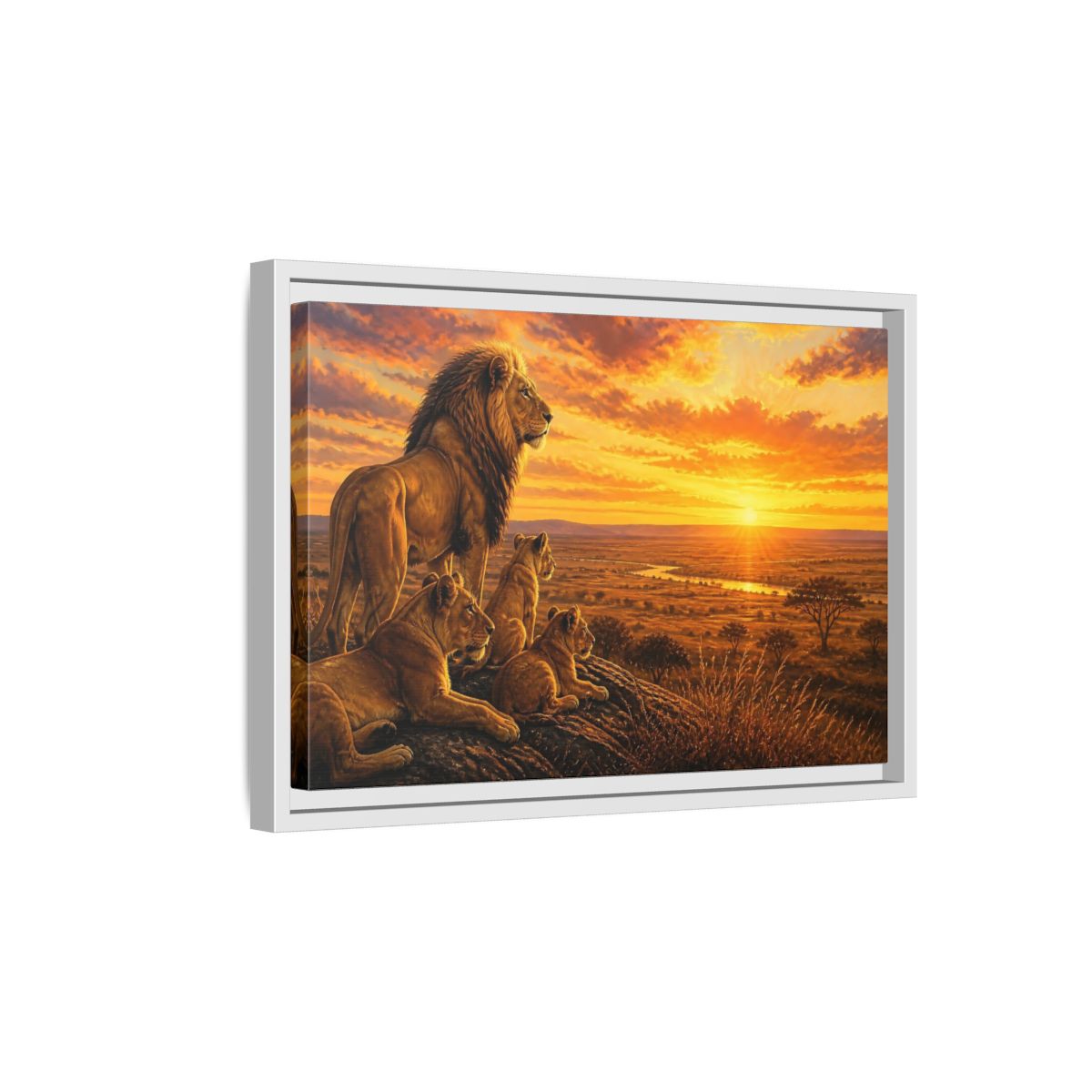 Side Mockup 4. Lion Pride Animals Sunrise shown as framed canvas print