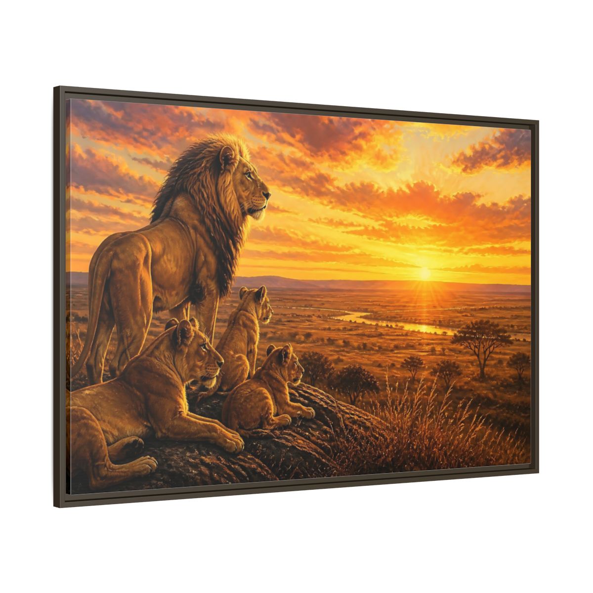 Side Mockup 8. Lion Pride Animals Sunrise shown as framed canvas print