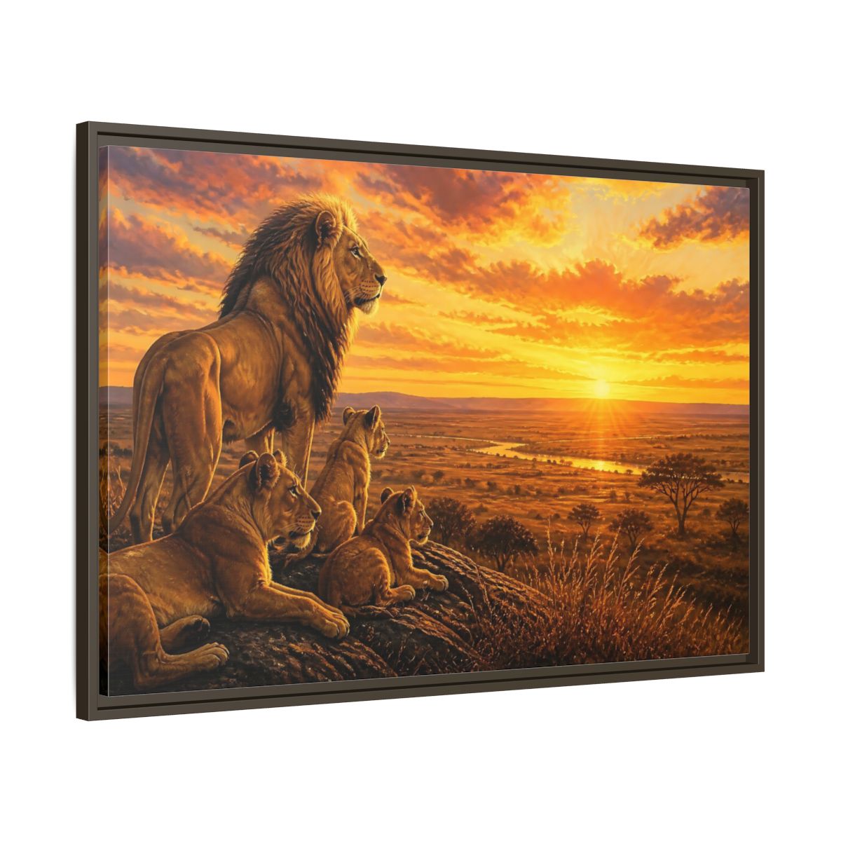 Main Mockup. Lion Pride Animals Sunrise shown as framed canvas print