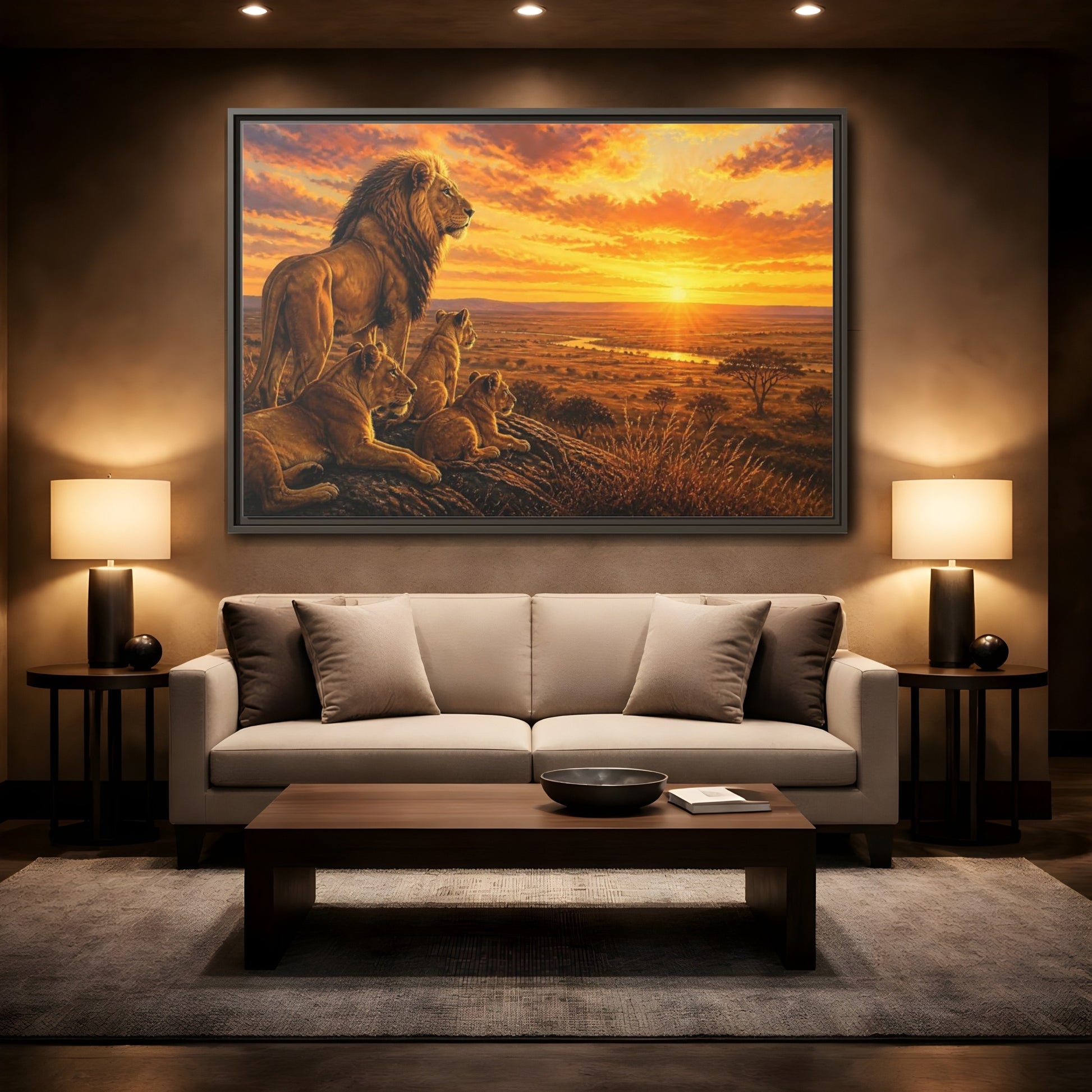 Mockup 2. Lion Pride Animals Sunrise shown as framed canvas print