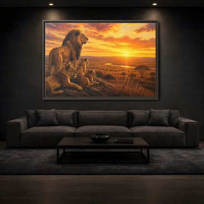 Mockup 3. Lion Pride Animals Sunrise shown as framed canvas print
