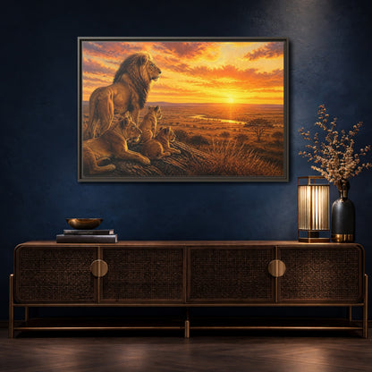 Mockup 4. Lion Pride Animals Sunrise shown as framed canvas print