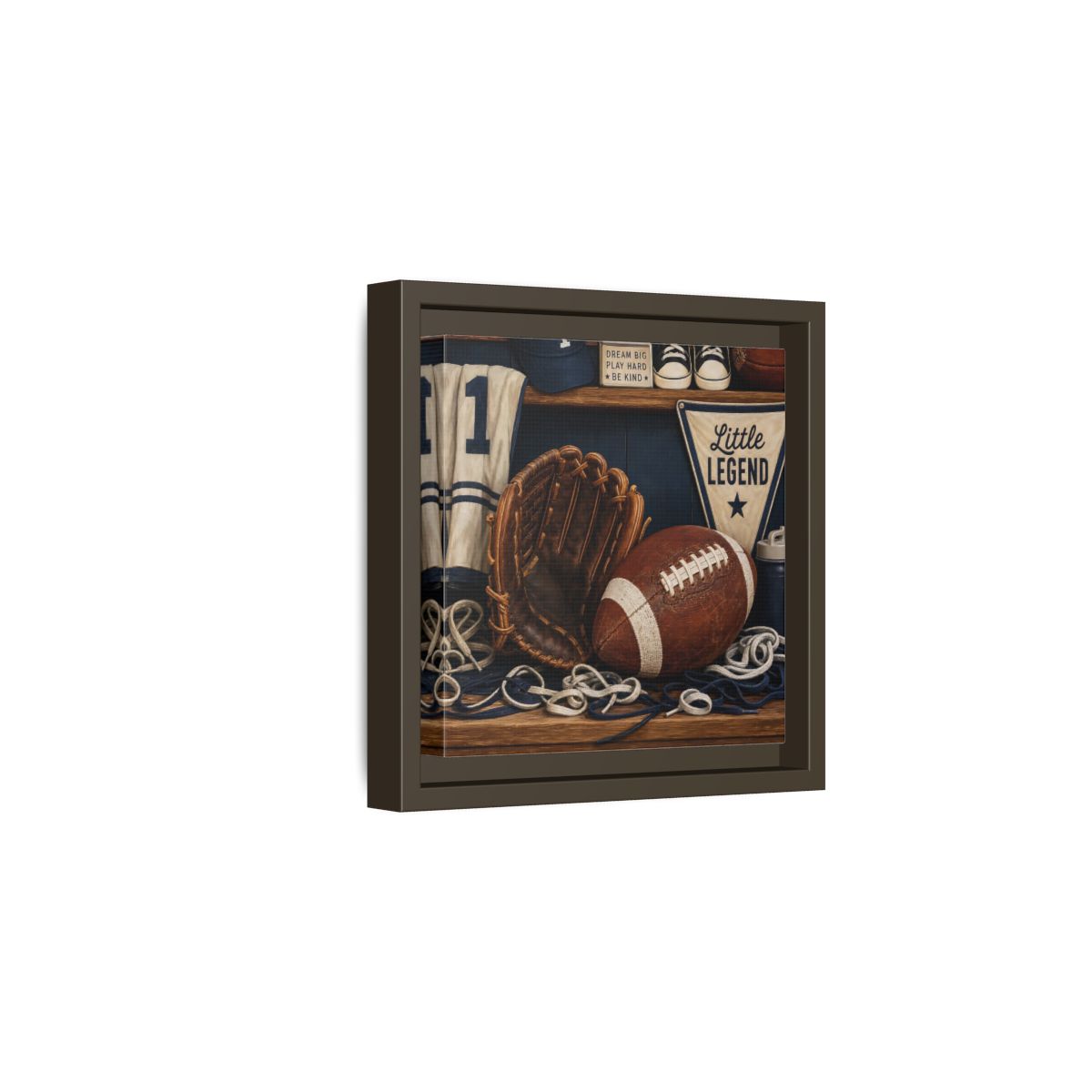 Side Mockup 2. Little Legend Sports Shelf shown as framed canvas print