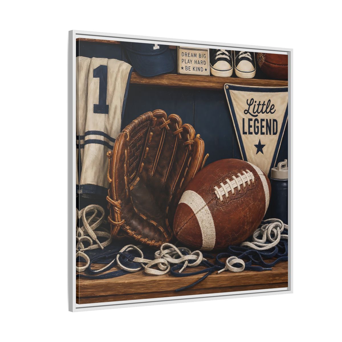 Side Mockup 4. Little Legend Sports Shelf shown as framed canvas print