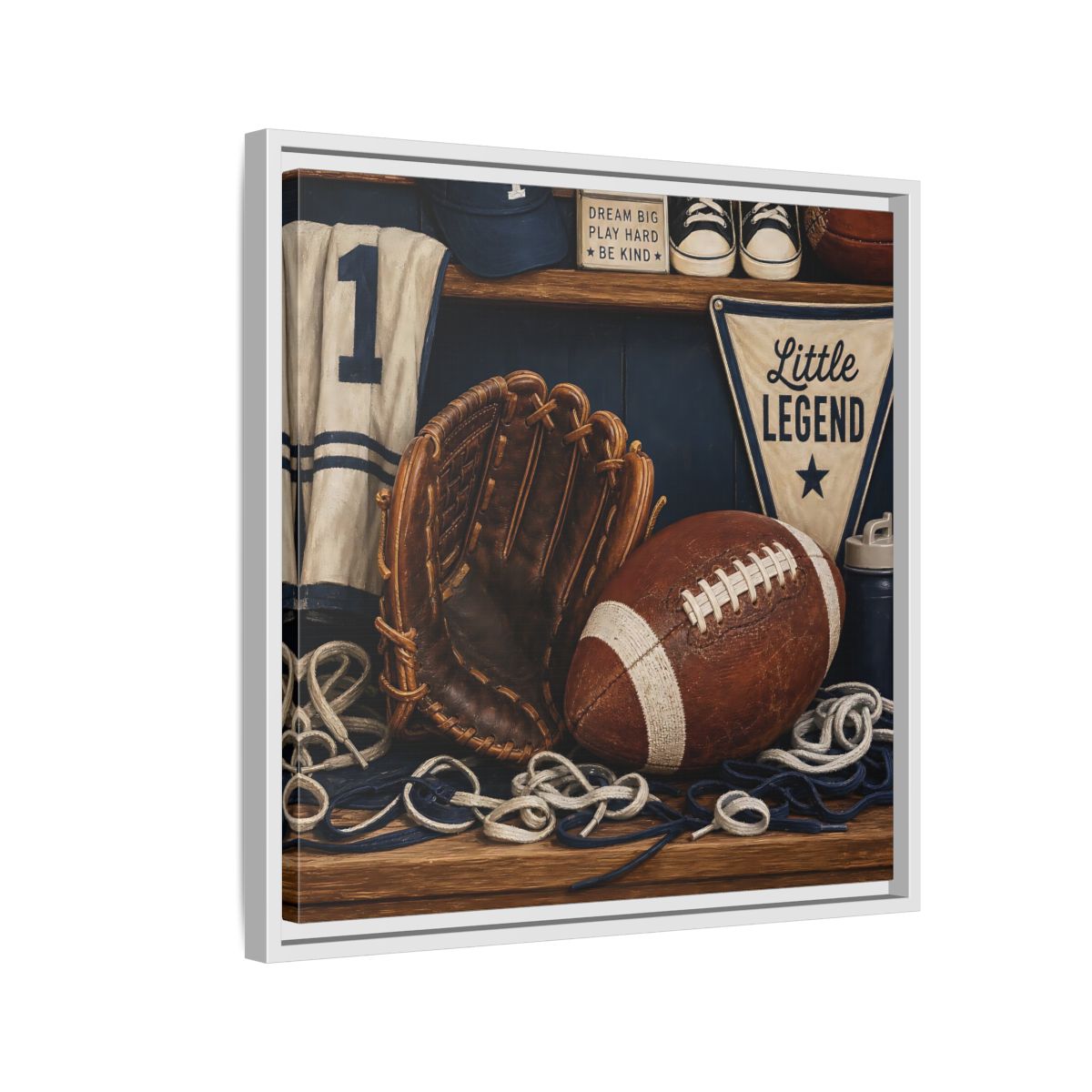 Side Mockup 10. Little Legend Sports Shelf shown as framed canvas print