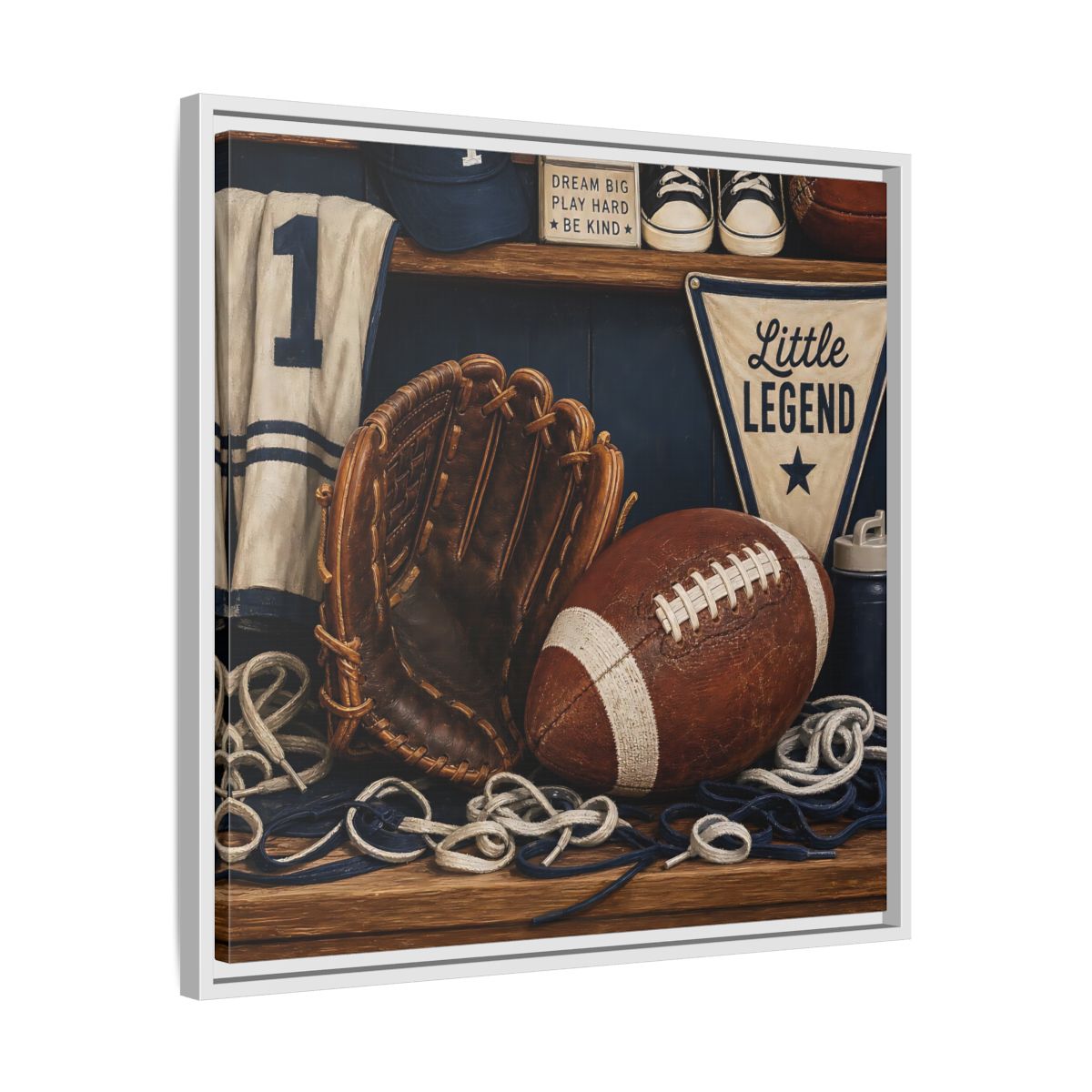 Side Mockup 26. Little Legend Sports Shelf shown as framed canvas print
