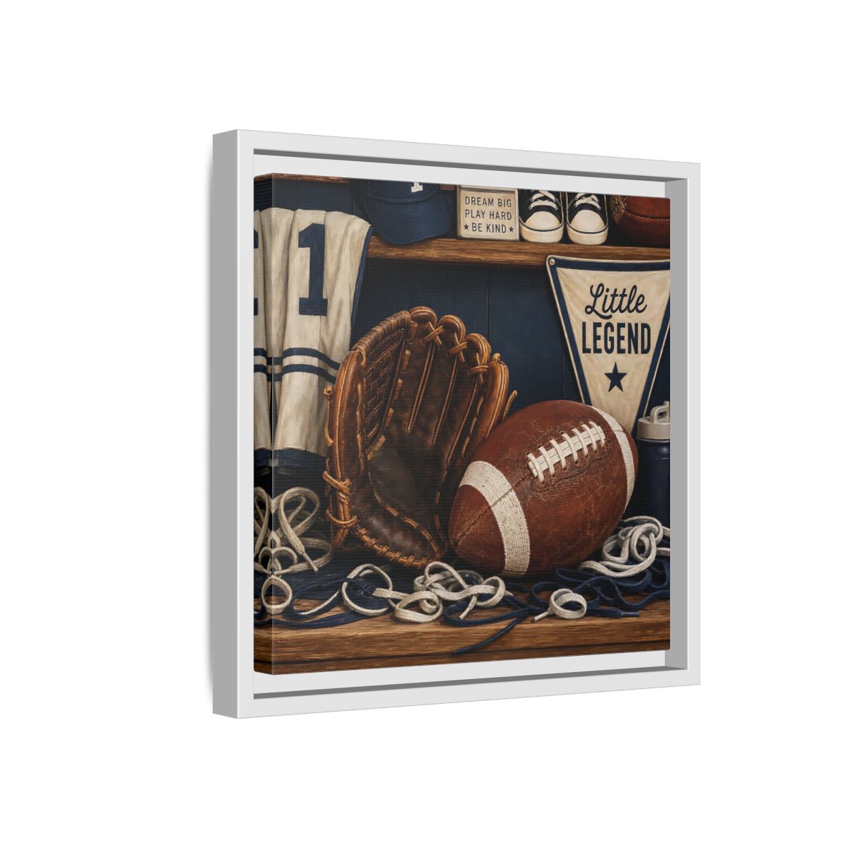 Side Mockup 16. Little Legend Sports Shelf shown as framed canvas print