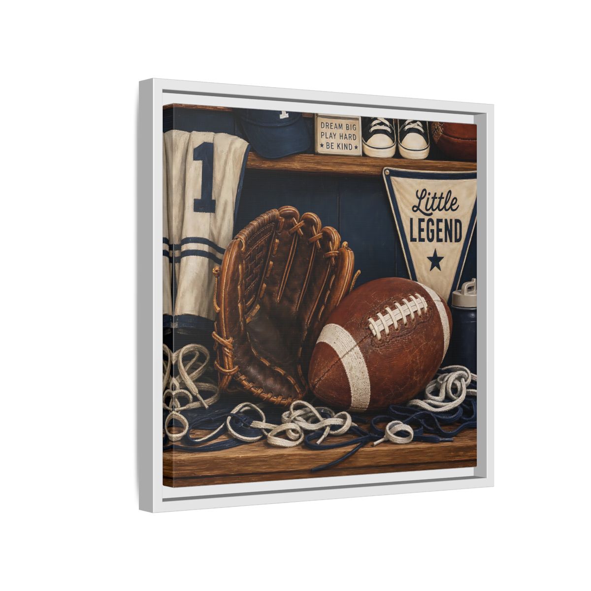 Side Mockup 13. Little Legend Sports Shelf shown as framed canvas print