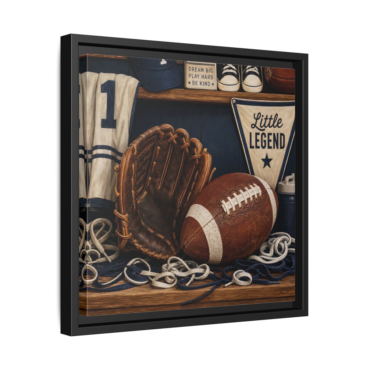 Side Mockup 32. Little Legend Sports Shelf shown as framed canvas print