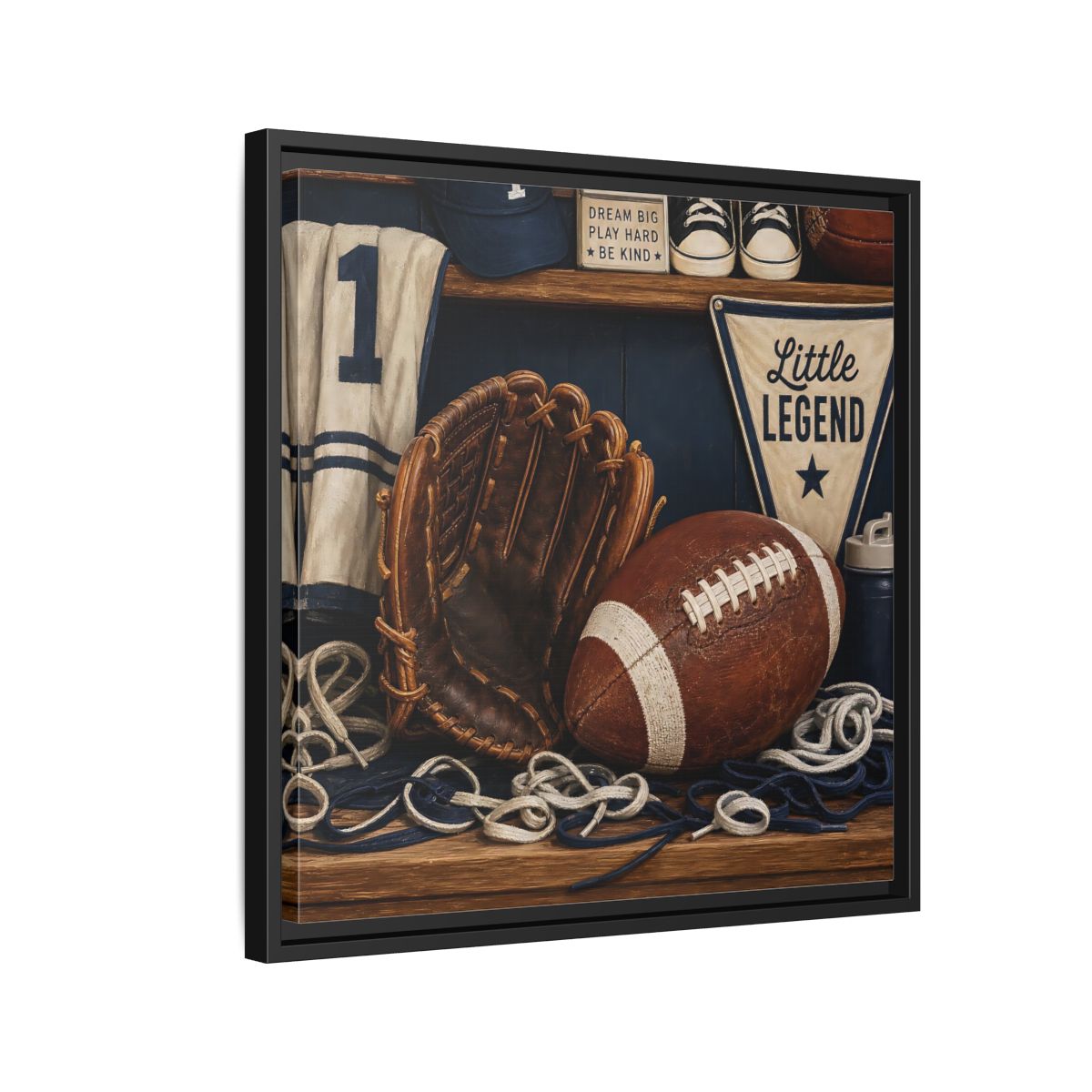 Side Mockup 12. Little Legend Sports Shelf shown as framed canvas print