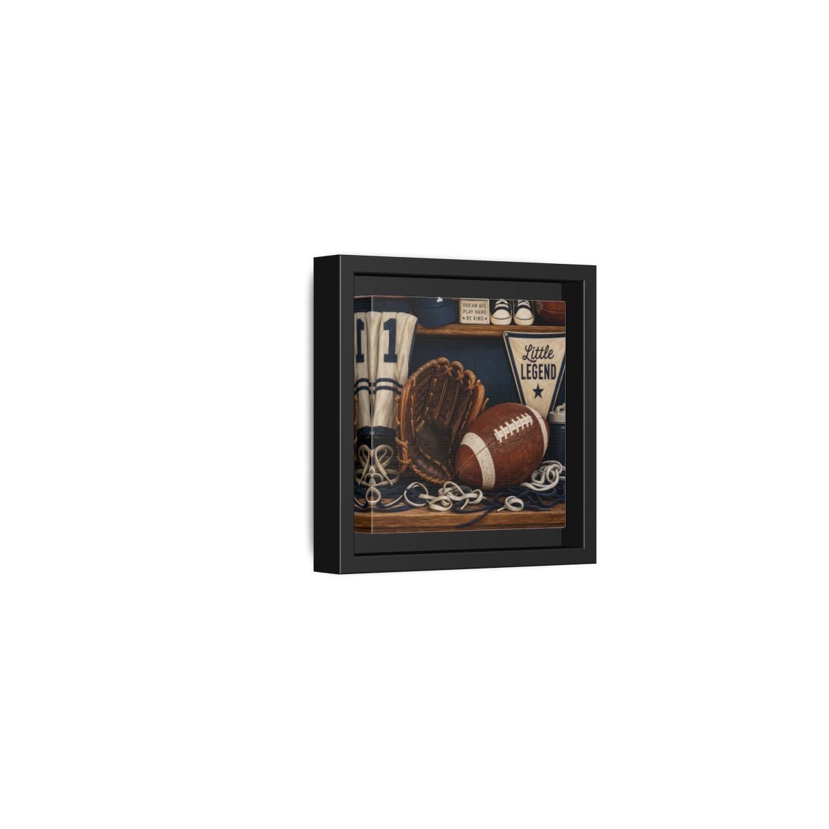 Side Mockup 24. Little Legend Sports Shelf shown as framed canvas print