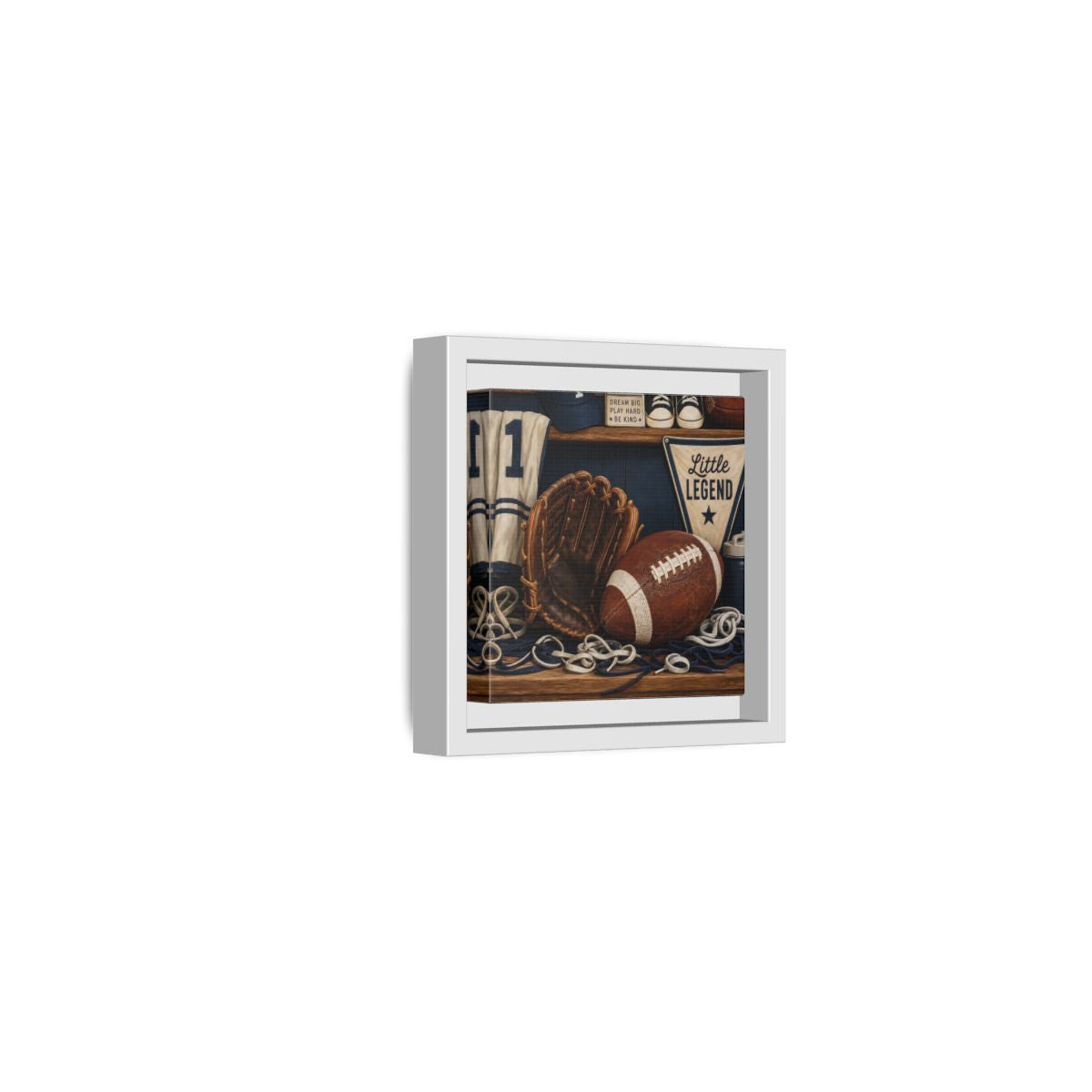 Side Mockup 22. Little Legend Sports Shelf shown as framed canvas print