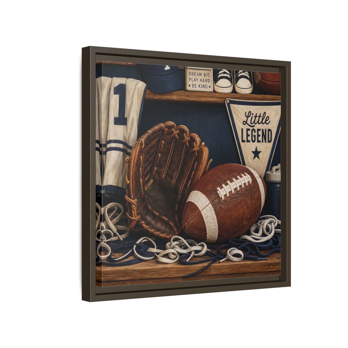 Side Mockup 14. Little Legend Sports Shelf shown as framed canvas print