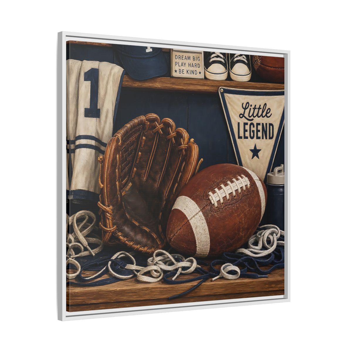 Side Mockup 25. Little Legend Sports Shelf shown as framed canvas print