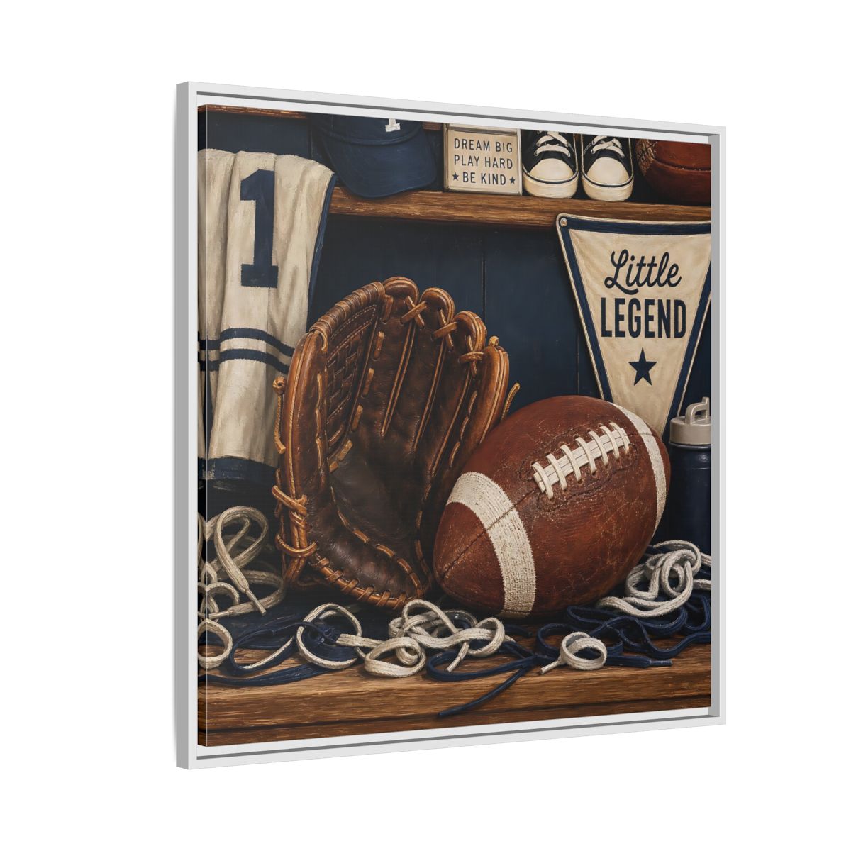 Side Mockup 7. Little Legend Sports Shelf shown as framed canvas print