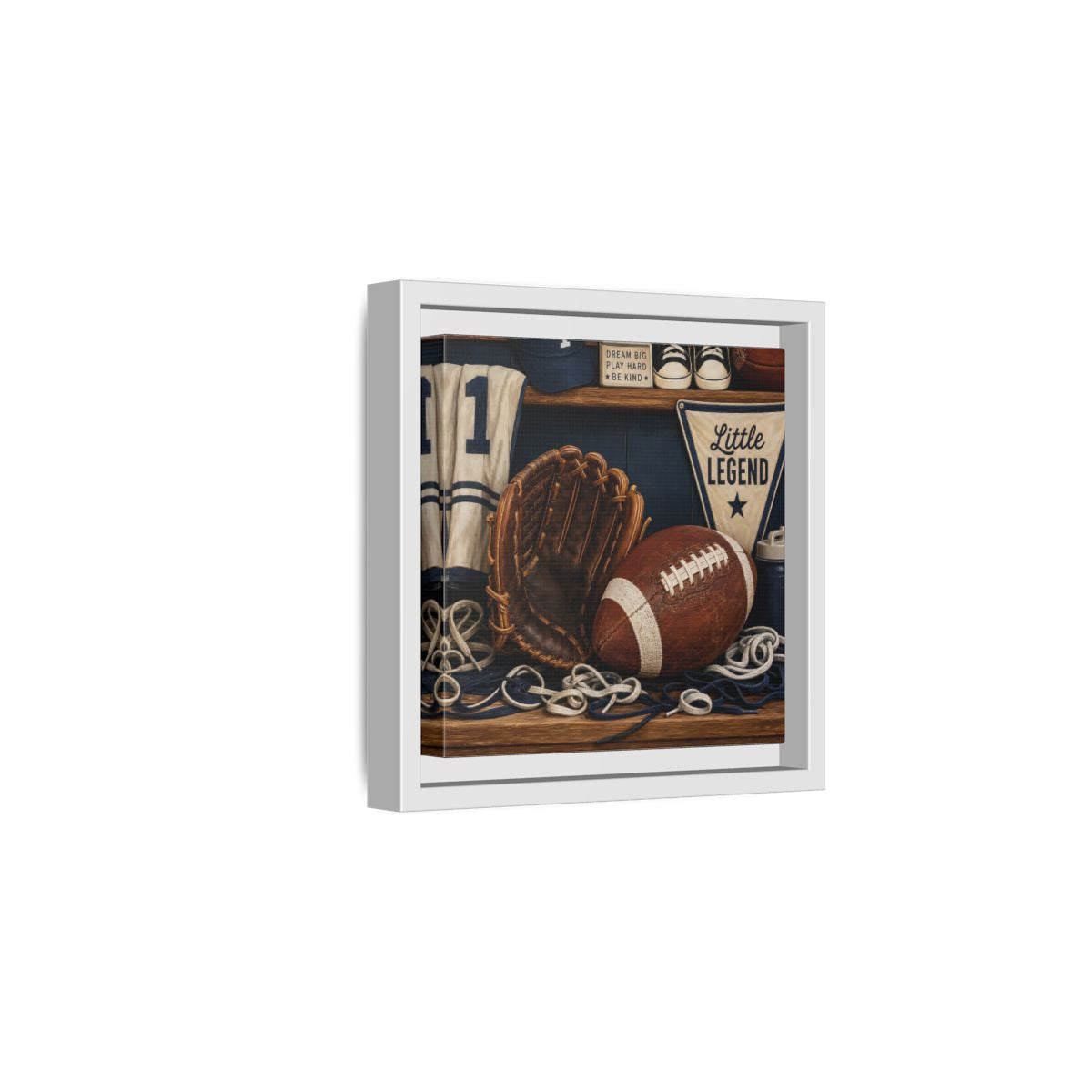 Side Mockup 1. Little Legend Sports Shelf shown as framed canvas print