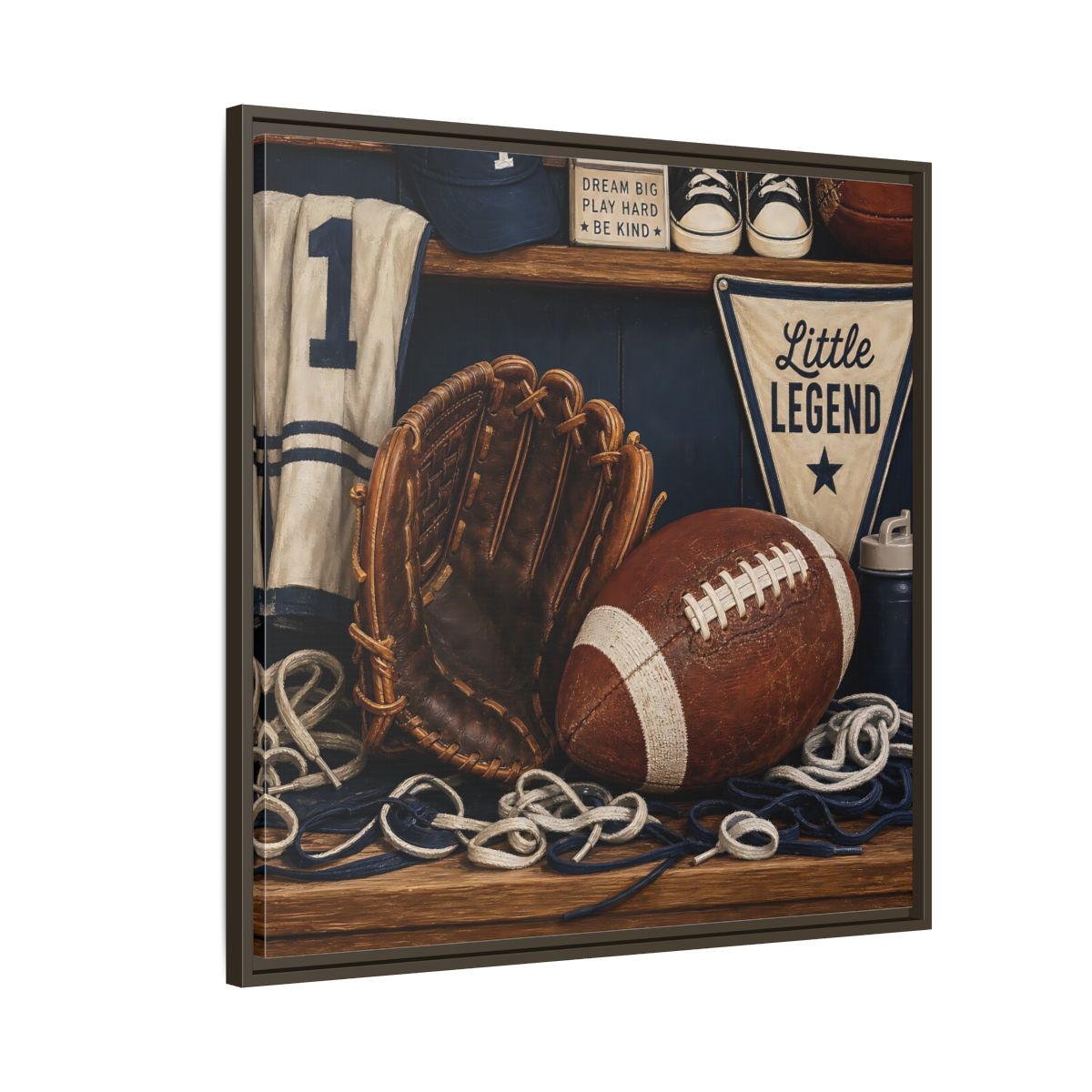 Side Mockup 8. Little Legend Sports Shelf shown as framed canvas print