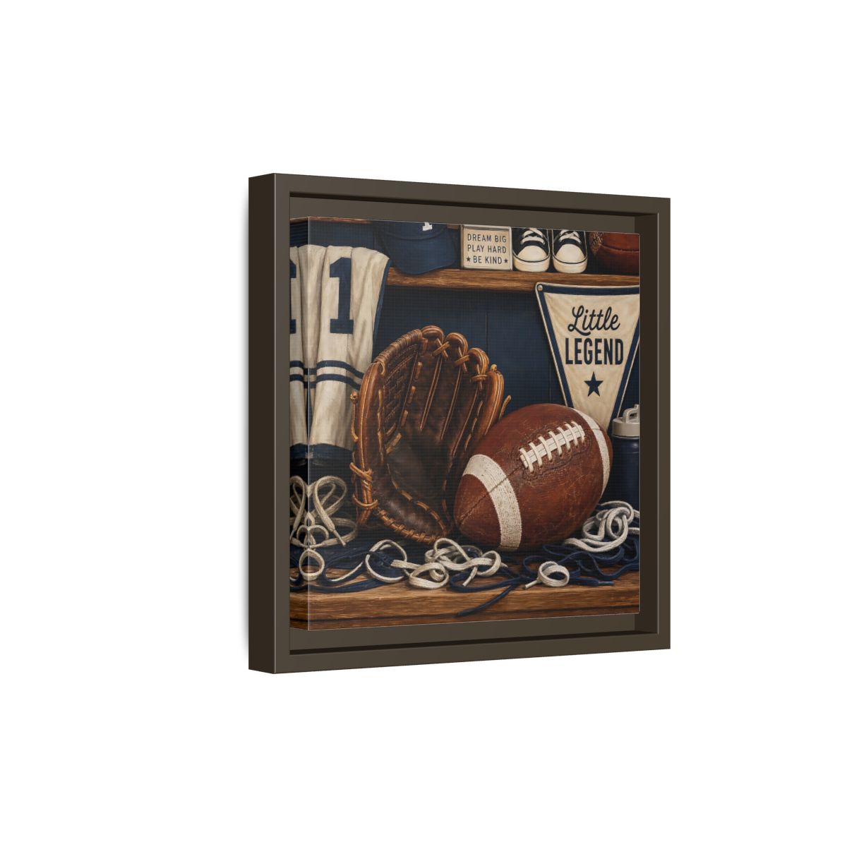 Side Mockup 20. Little Legend Sports Shelf shown as framed canvas print