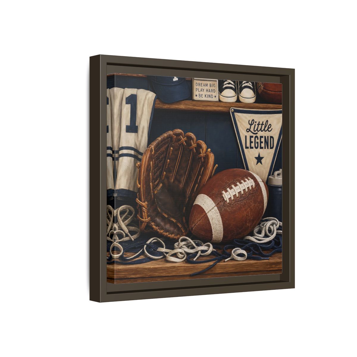 Side Mockup 17. Little Legend Sports Shelf shown as framed canvas print