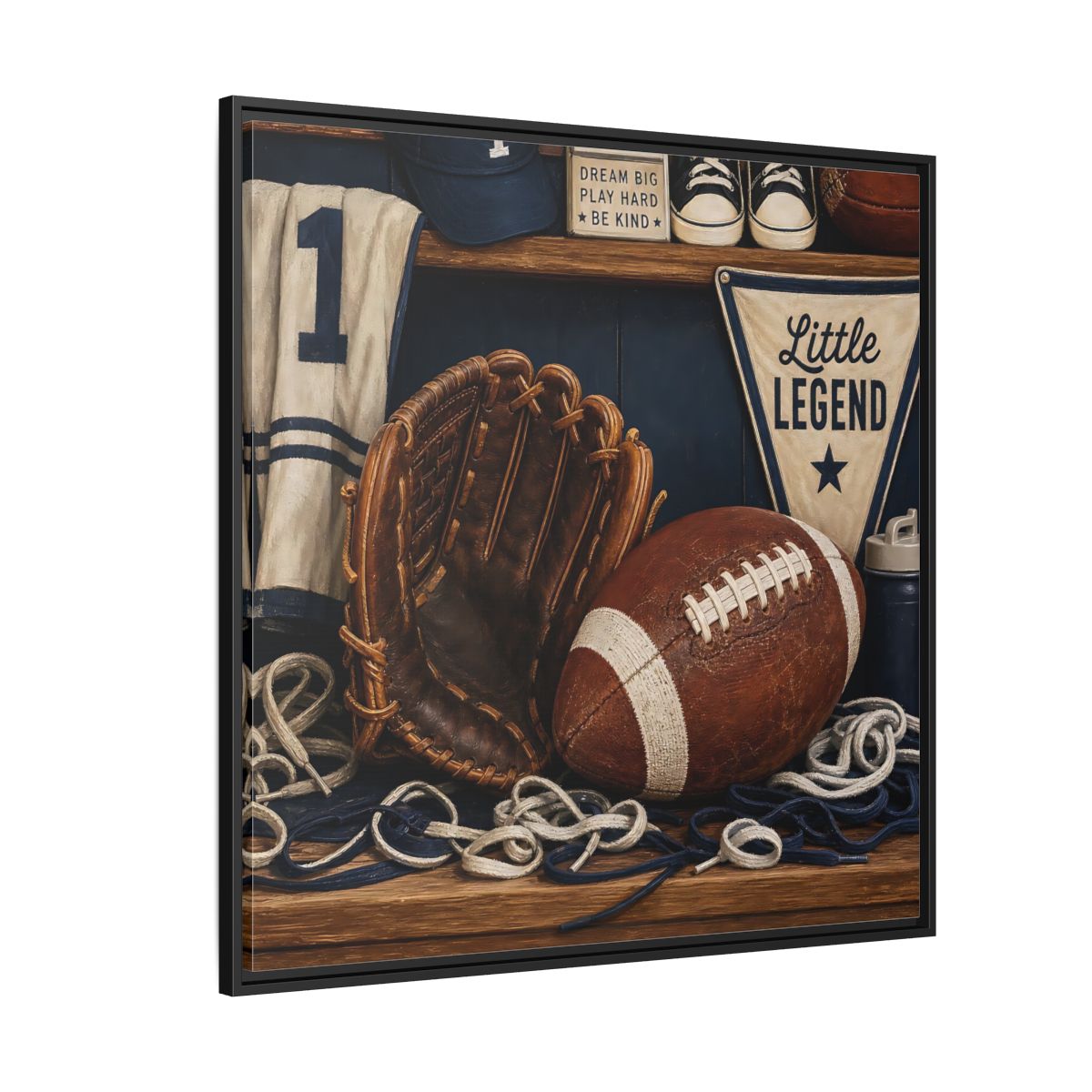 Side Mockup 6. Little Legend Sports Shelf shown as framed canvas print