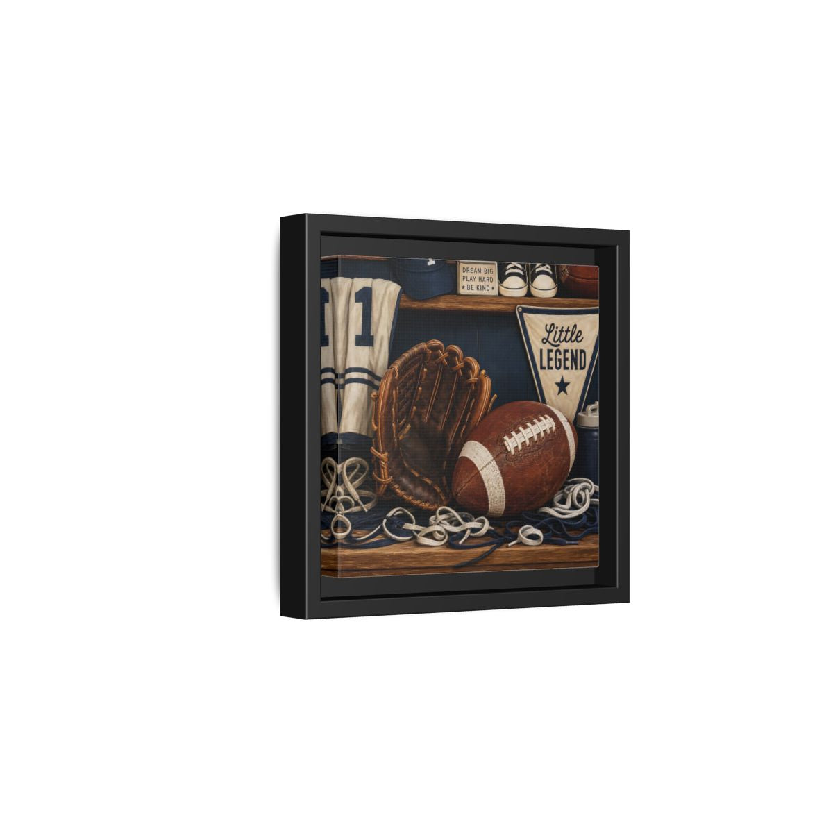 Side Mockup 3. Little Legend Sports Shelf shown as framed canvas print