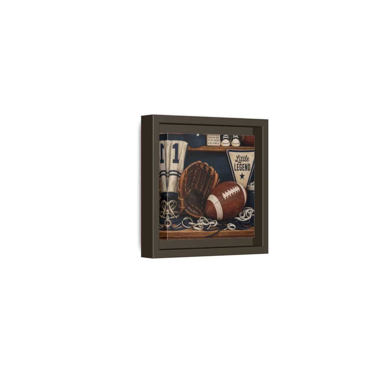 Side Mockup 23. Little Legend Sports Shelf shown as framed canvas print