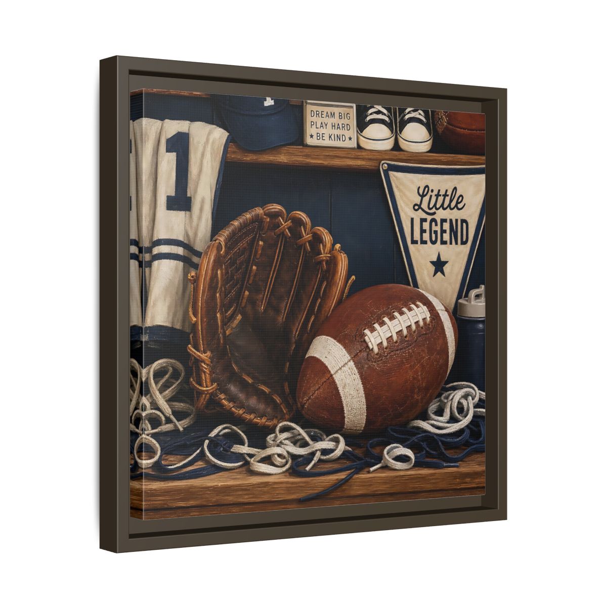 Side Mockup 29. Little Legend Sports Shelf shown as framed canvas print