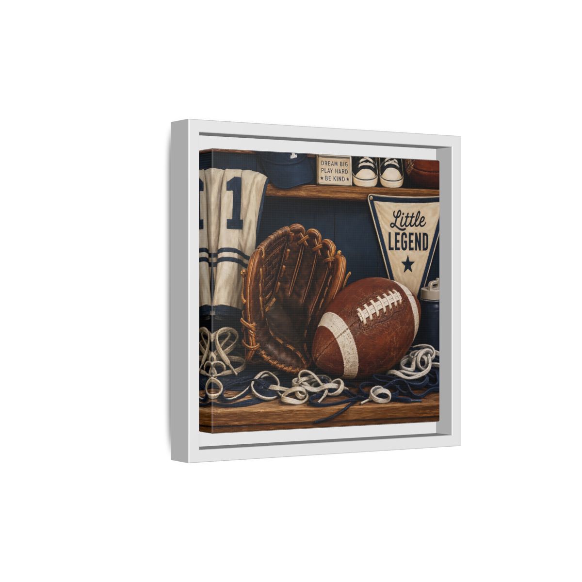 Side Mockup 19. Little Legend Sports Shelf shown as framed canvas print