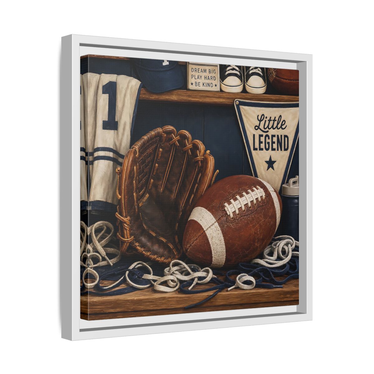 Side Mockup 28. Little Legend Sports Shelf shown as framed canvas print