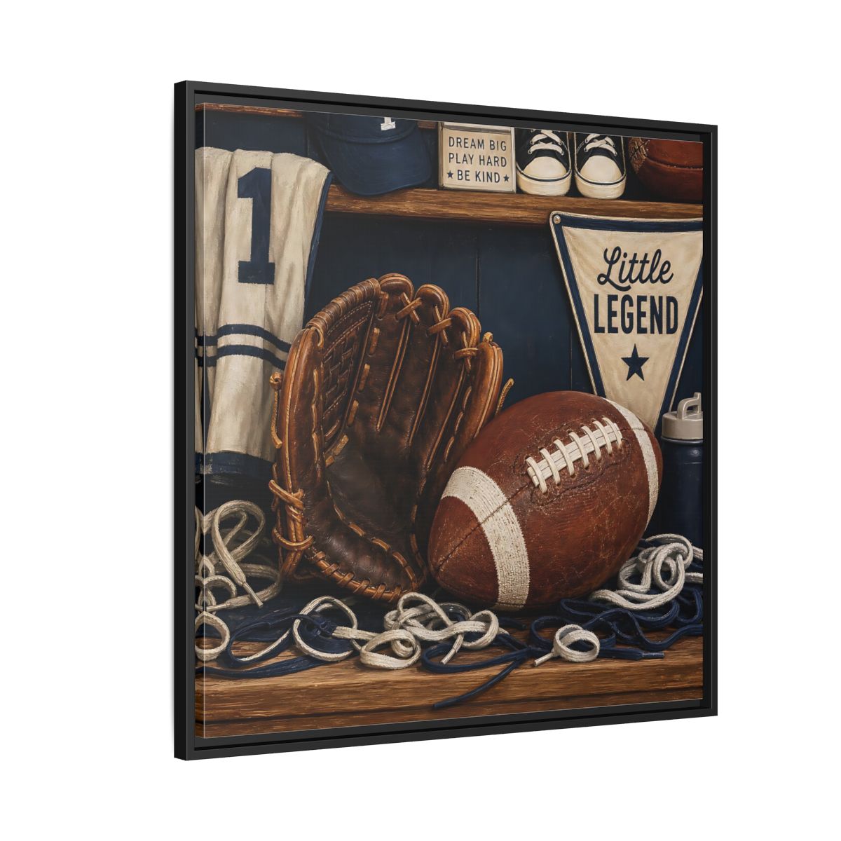 Side Mockup 9. Little Legend Sports Shelf shown as framed canvas print