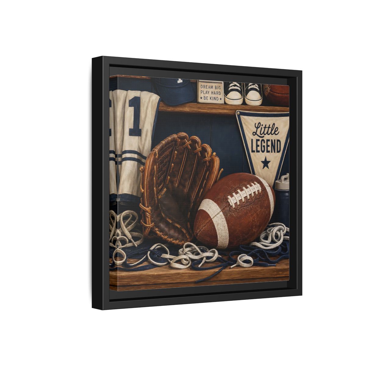 Side Mockup 18. Little Legend Sports Shelf shown as framed canvas print