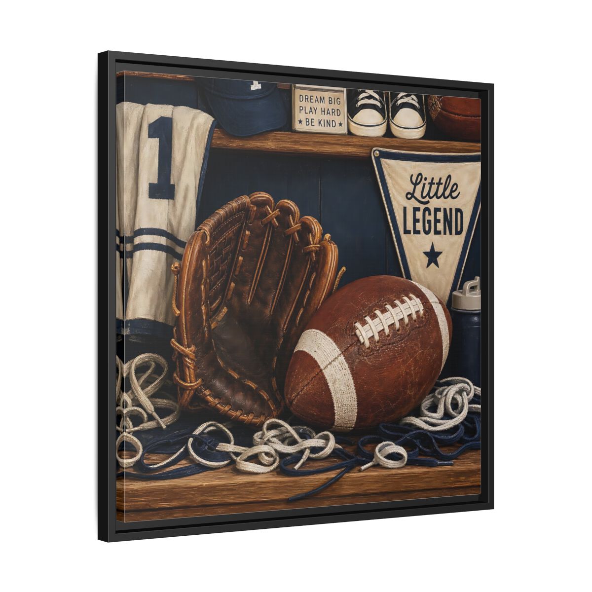 Side Mockup 31. Little Legend Sports Shelf shown as framed canvas print