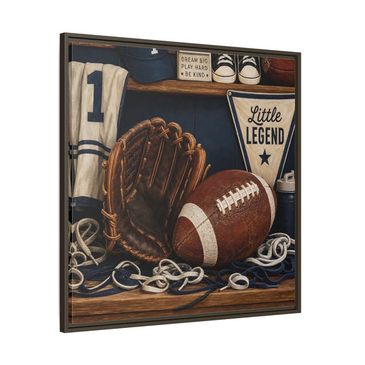 Main Mockup. Little Legend Sports Shelf shown as framed canvas print