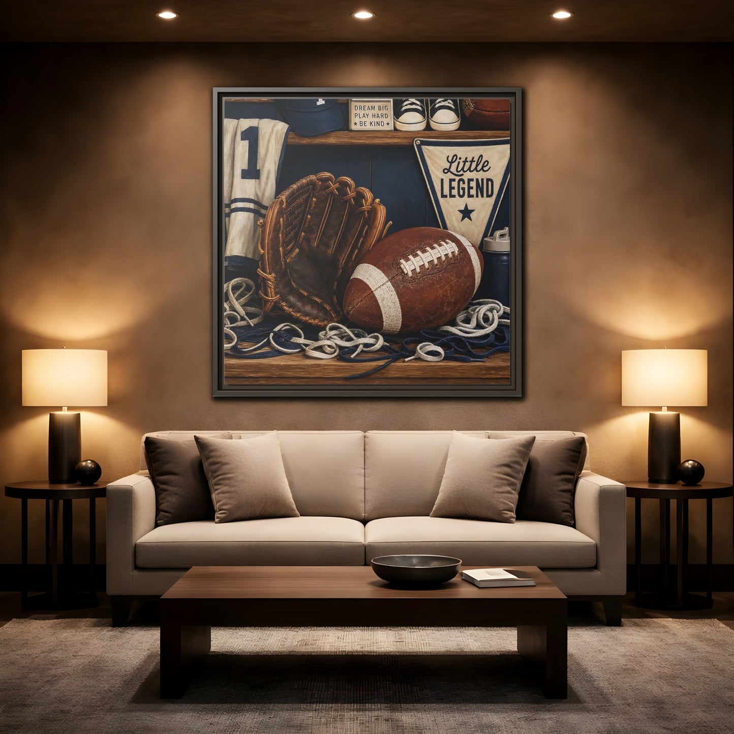 Mockup 2. Little Legend Sports Shelf shown as framed canvas print