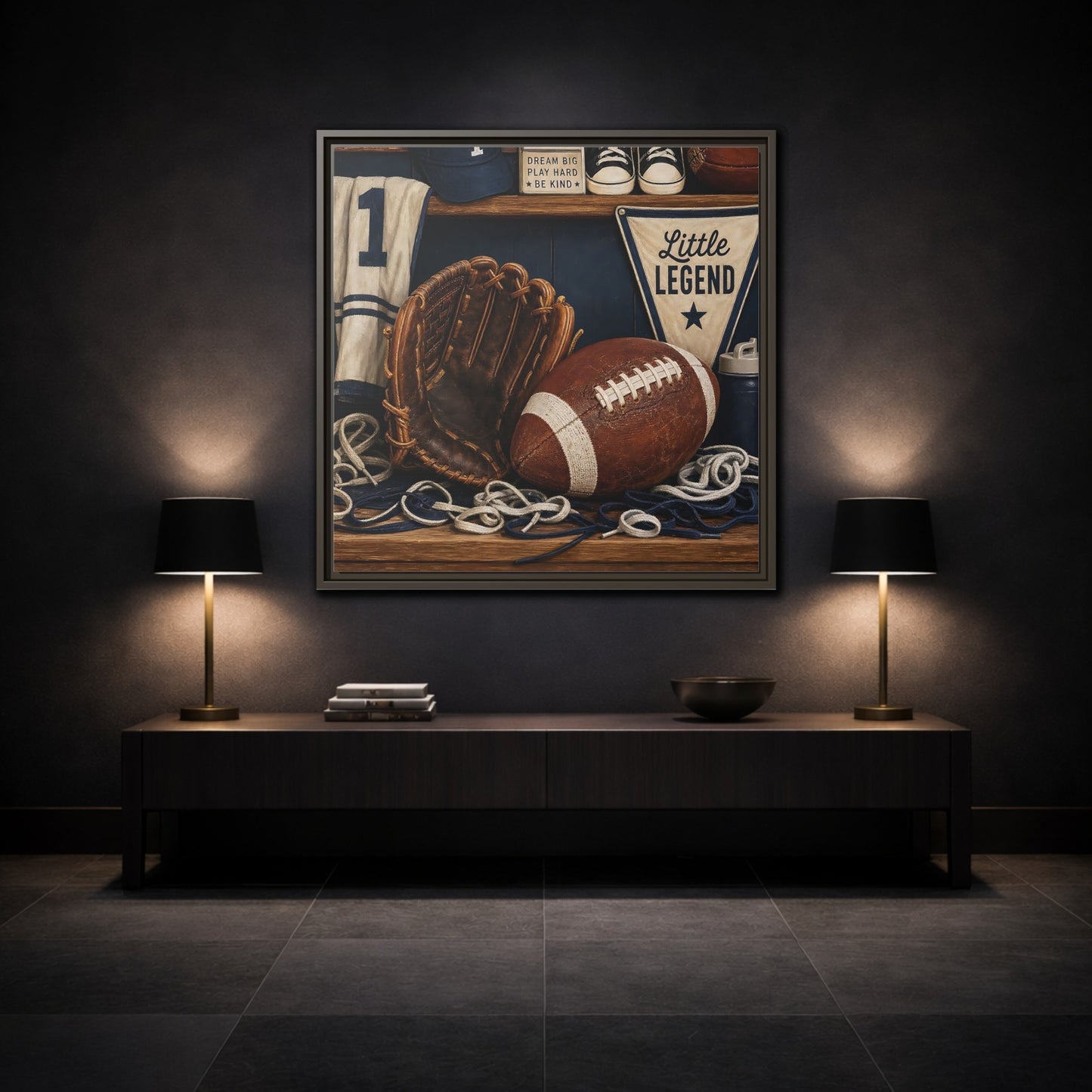Mockup 3. Little Legend Sports Shelf shown as framed canvas print