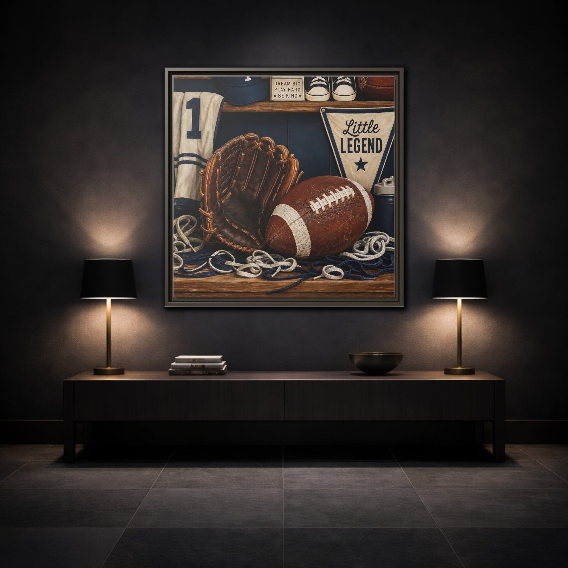 Mockup 3. Little Legend Sports Shelf shown as framed canvas print